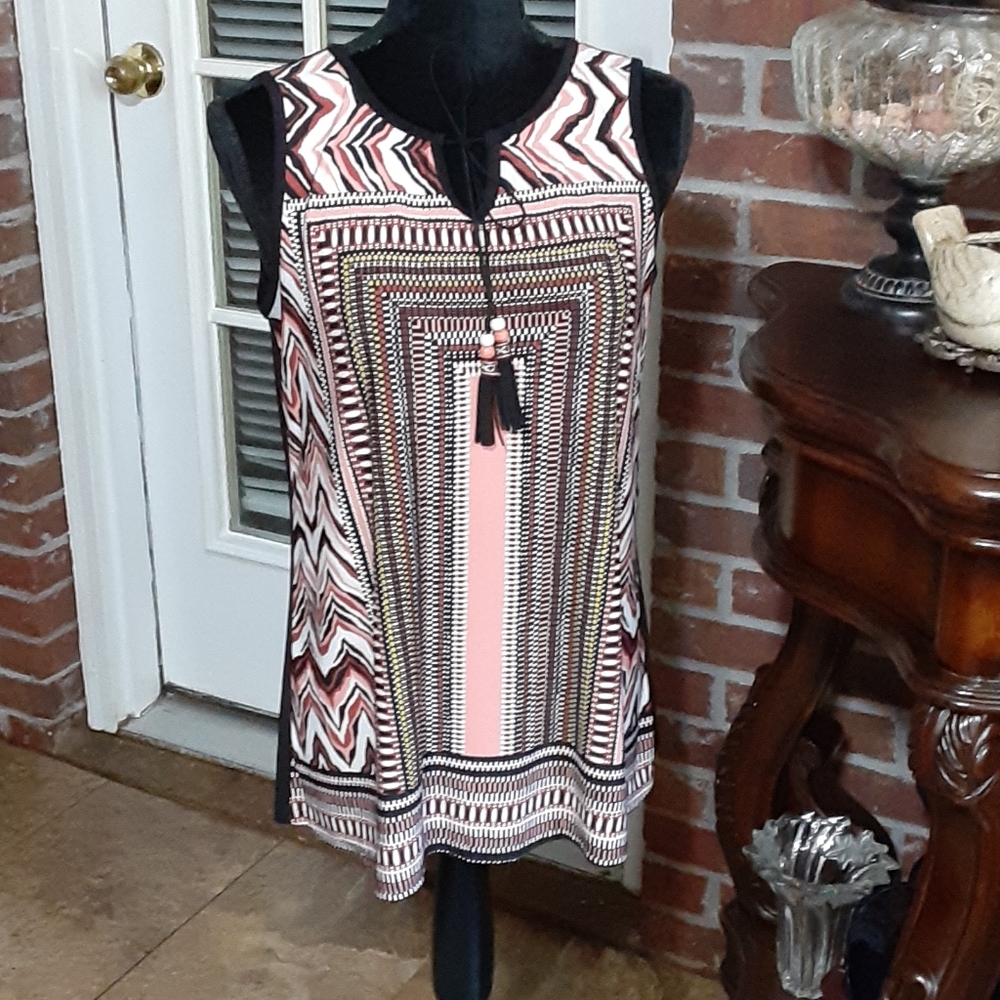 Cato sleeveless tie front tassels geometric coral black white stretch Small EUC…